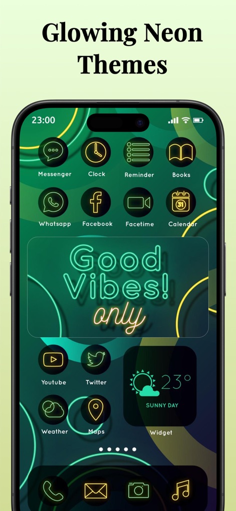Icon Changer: Widget.s, Themes - Experience the app's vibrant glowing neon themes, highlighting a dark green background with bright neon lines and outline-style app icons.