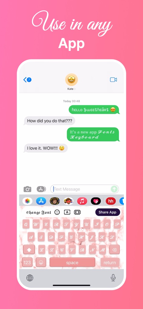 Fonts: Keyboard & Font Art - Esta captura demonstra a funcionalidade do aplicativo "em um chat de mensagens", exibindo "mensagens com fontes personalizadas" e um "teclado com tema de mármore rosa".