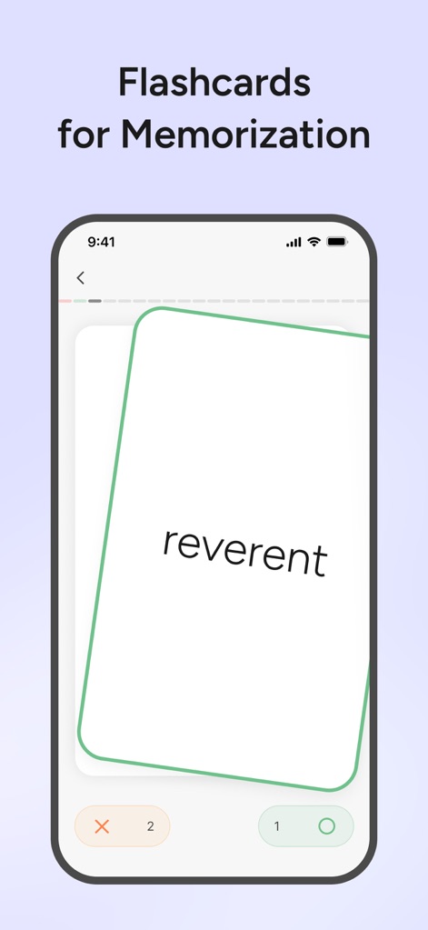 TestGenie: Digital SAT Prep - Esta herramienta ofrece tarjetas didácticas para la memorización efectiva, mostrando una "tarjeta con la palabra 'reverent'" y un "contador visual de aciertos y errores" para seguir el rendimiento.
