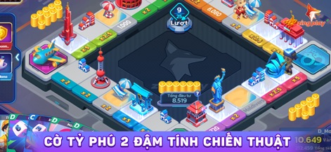 Cổng game ZingPlay - iCa - 이 스크린샷은 활기찬 게임 보드와 귀여운 치비 캐릭터 토큰을 보여주며, 사용자는 전략적인 자산 투자와 건물 건설을 통해 부를 증식할 수 있습니다.
