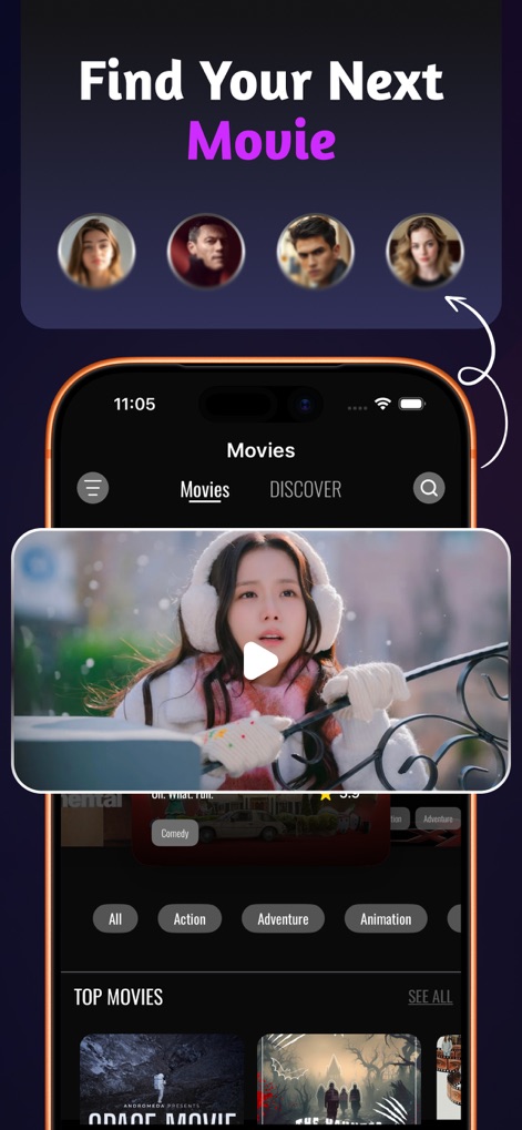 SeeMore: Films and Series - L'application permet d'explorer des films via ses onglets intuitifs "Movies" et "Discover", et de filtrer le contenu par des catégories spécifiques comme "Action" et "Adventure".