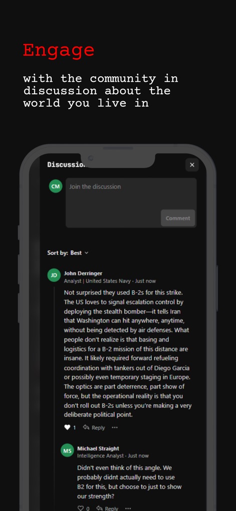 The Atlas News - Die App ermöglicht Nutzern, sich in Diskussionen zu engagieren, wie die Kommentare von „John Derringer“ und die übersichtliche Diskussionsschnittstelle verdeutlichen.