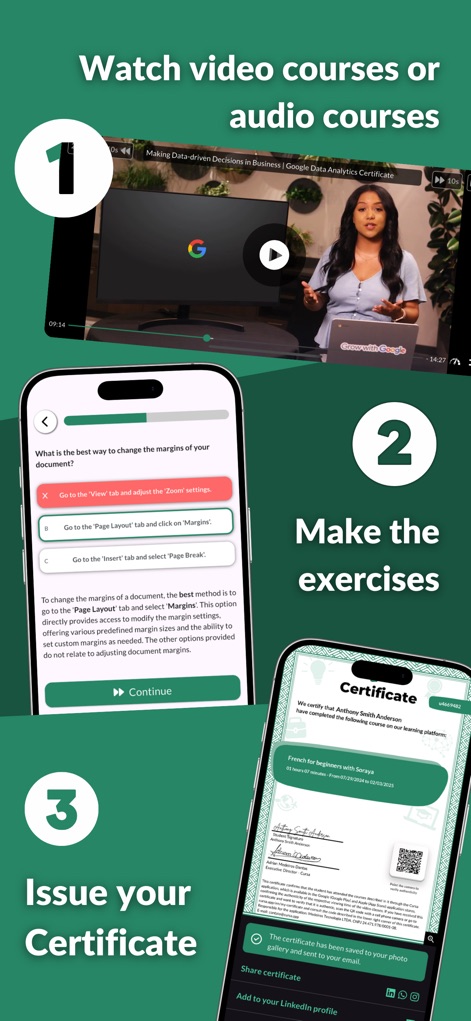 Cursa - Learn anything - Esta imagem ilustra o fluxo educacional do Cursa, começando com a reprodução de um vídeo-aula e avançando para a realização de exercícios de múltipla escolha.