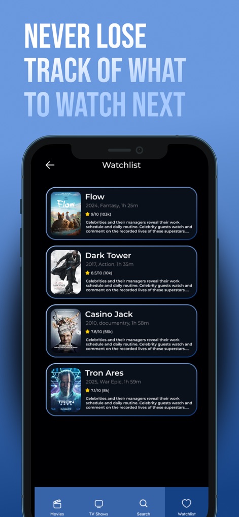 MyFlixer: Watch Movies,TV Show - The app features a comprehensive "Watchlist" display, presenting detailed movie entries with posters, summaries, and ratings to keep track of what to watch next.