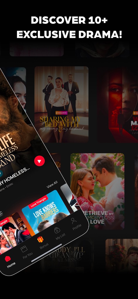 Shorten: Drama Shorts & Series - Users can seamlessly browse an extensive library of exclusive drama series, supported by an intuitive bottom navigation bar for effortless access to various sections.