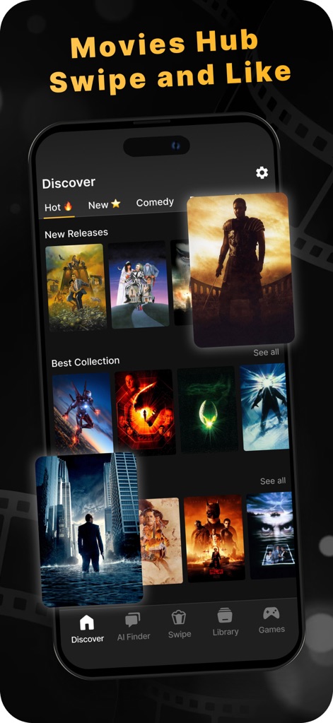 Movies Hub - Swipe and Like - Users can browse through clearly organized sections such as 'New Releases' and 'Best Collection' to find their next favorite movie or show.