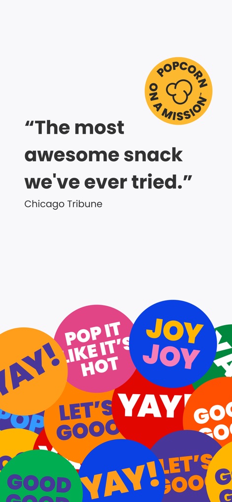 Double Good - The brand's commitment is highlighted through a glowing customer testimonial and cheerful "Popcorn on a Mission" branding, conveying quality and purpose.
