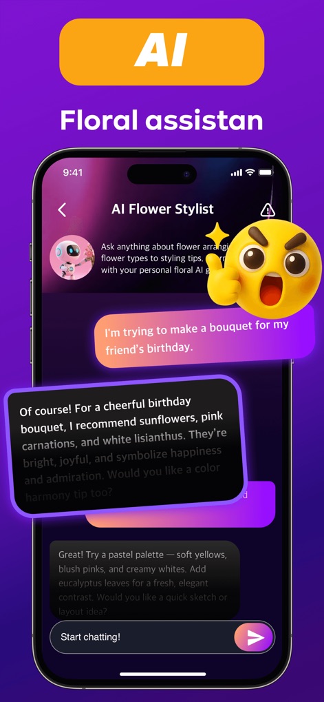 Florra：Video，Chat Fun - このアプリのAIチャットインターフェースは、具体的な質問に対してパーソナルな花の提案を提供し、ユーザーの創造的なプロセスをサポートします。