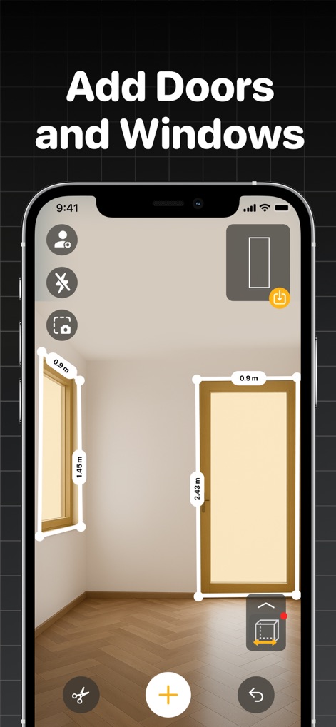 The Tape Measure & 3D Scanner - This tool enables users to augment floor plans by adding architectural features like doors and windows, complete with their precise metric dimensions (e.g., 0.9 m and 1.45 m).