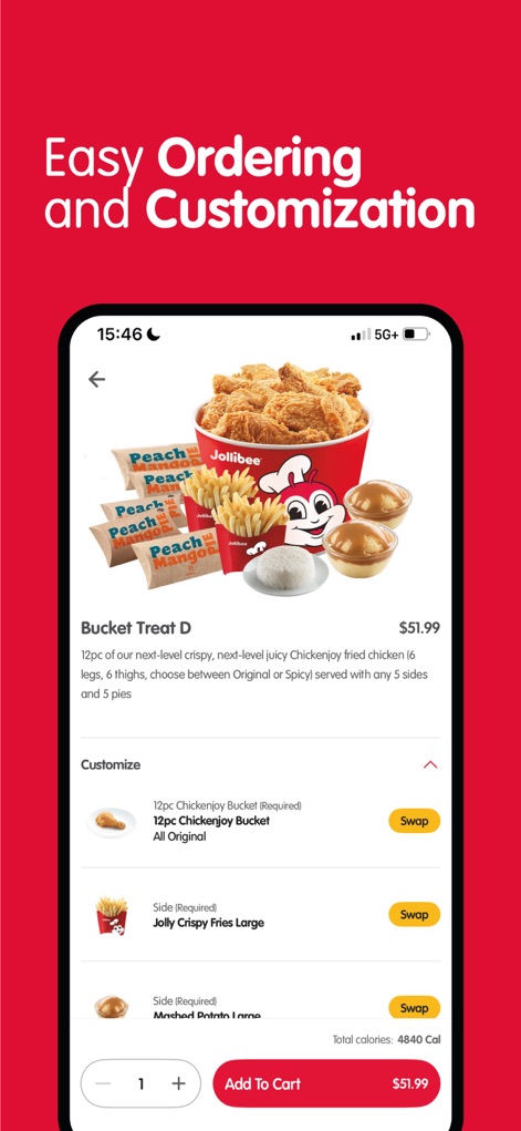 Jollibee - Order & Rewards - ユーザーは、「商品の詳細と価格」を確認しながら、メインメニューやサイドディッシュを「自由に交換・追加」し、自分だけの組み合わせを作成できます。