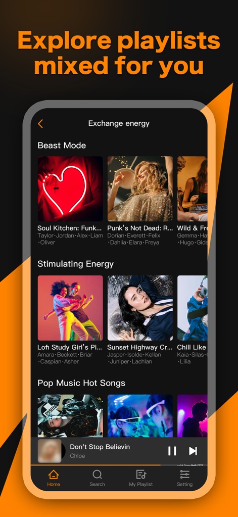 Music X - Music Offline Player - La aplicación organiza playlists por categorías como "Beast Mode" y "Stimulating Energy", facilitando a los usuarios el acceso a música adaptada a su estado de ánimo.