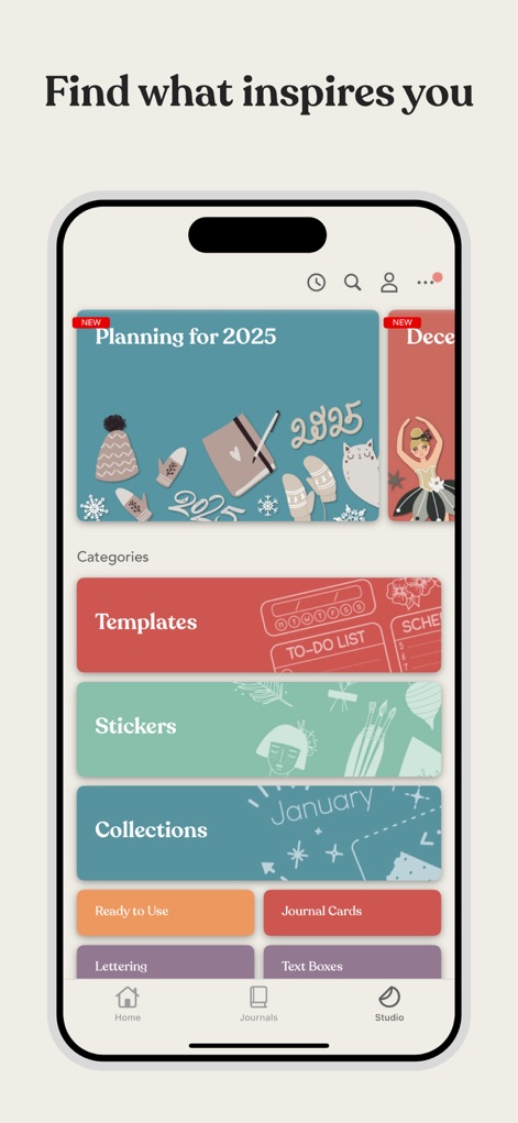 Planner & Journal - Zinnia - Der Studio-Bereich präsentiert eine Fülle von kategorisierten Inhalten, von Vorlagen bis hin zu Stickern, und zeigt ansprechende Design-Vorschauen für sofortige Inspiration.