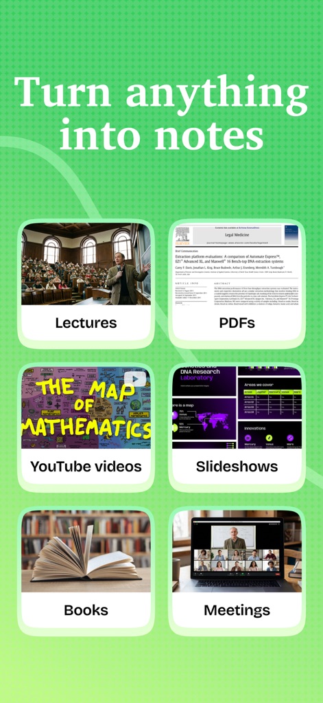 Kiwi AI - Notetaker - Die App ermöglicht es, nahezu jede Quelle in Notizen umzuwandeln, von "Lectures" bis hin zu "PDFs", und zeigt die breite Kompatibilität des Tools.