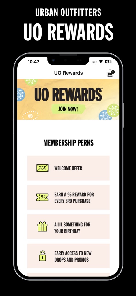 Urban Outfitters - 이 앱은 'WELCOME OFFER'와 'EARLY ACCESS'와 같은 다양한 멤버십 혜택을 통해 사용자에게 독점적인 보상을 제공하는 UO 리워드 프로그램을 소개합니다.