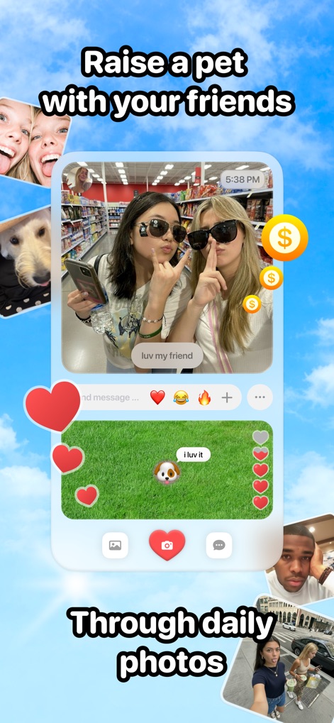 PicPet - La aplicación facilita la crianza colaborativa de una mascota virtual a través de un chat interactivo, donde los usuarios pueden interactuar con un icono de mascota y ganar monedas flotantes al compartir fotos.