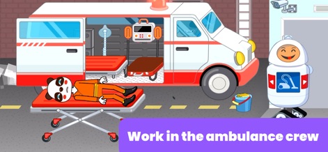 Hospital Games for Kids - Observe the ambulance arriving with a patient on a stretcher, highlighting the emergency vehicle and the detailed character design.