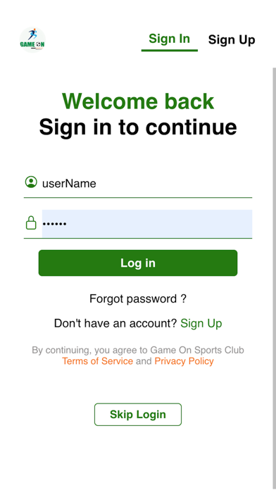 Game On Sports Club App Screenshot
