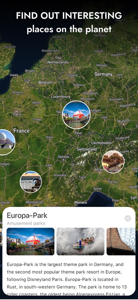 Globe 3D - Planet Earth Guide - The app helps users discover interesting places on the planet through interactive point-of-interest markers and detailed information cards providing comprehensive descriptions.