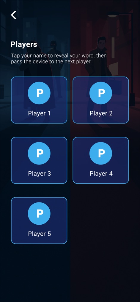 Impostor Challenge: Guess Who - Esta tela orienta os usuários com instruções claras para os jogadores sobre como revelar sua palavra, usando botões de seleção de jogador visualmente distintos.