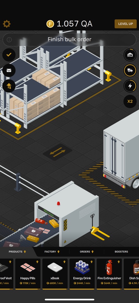 Factory: Idle & Tycoon Game - This section highlights the critical logistics hub, showcasing organized storage shelves and the dynamic shipping process facilitated by trucks and forklifts.
