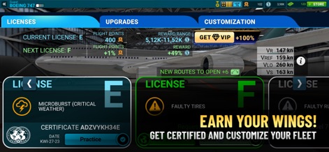 Airline Commander: Flight Game - The app illustrates the detailed pilot license progression, from 'License E' to 'License F', and highlights the customizable aspects such as practicing critical weather scenarios and managing aircraft faults like 'Faulty Tires'.