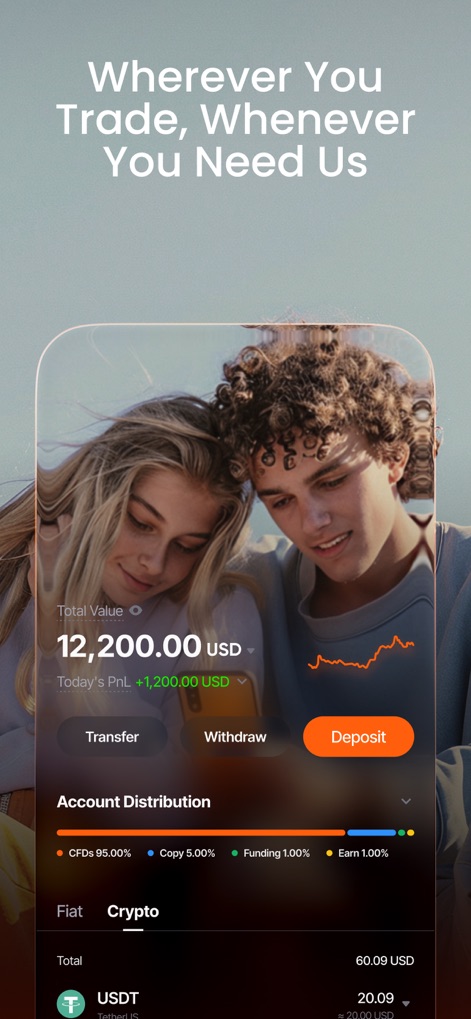 Vantage:All-In-One Trading App - The app simplifies financial oversight, allowing users to effortlessly "Transfer" and "Deposit" funds while viewing their "Account Distribution" across various asset types.