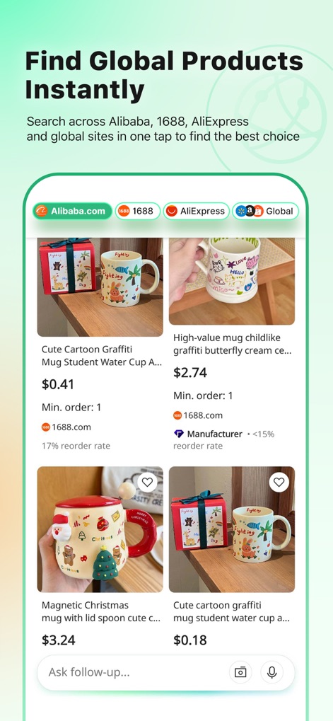 Accio: Alibaba AI Agent - The app displays diverse product listings from platforms like Alibaba and AliExpress, and users can initiate further searches using the image or voice input icons.