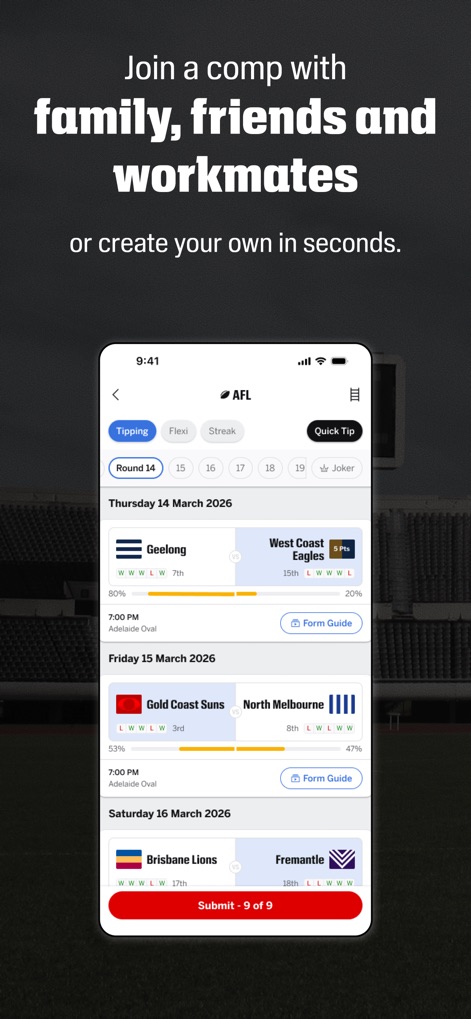 footytips - Footy Tipping App - ユーザーはFlexiやStreakなどの独自の予想ルールを利用でき、各チームの過去の成績やリーグ順位を比較しながら予想を確定できます。