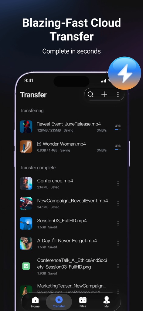 PikPak - Cloud Storage & Saver - Witness the efficient cloud transfer process, displaying real-time transfer progress and a detailed list of completed file operations.