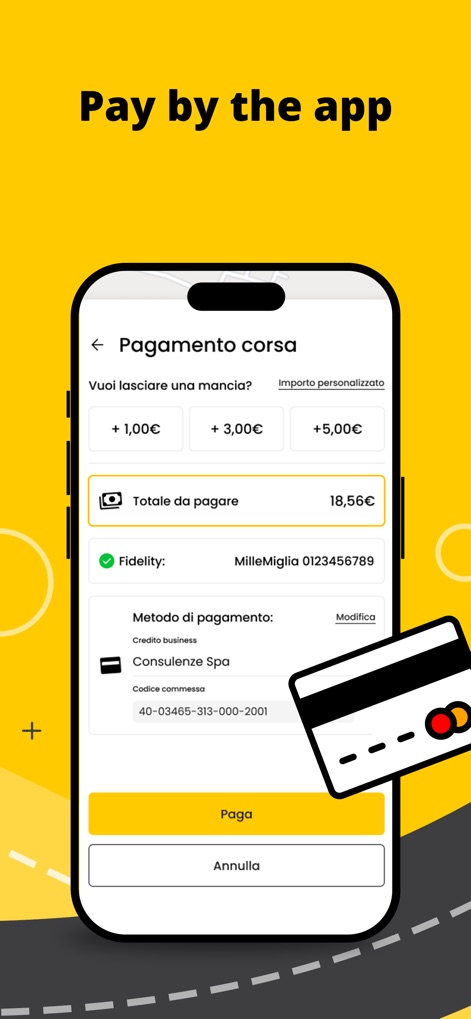 appTaxi - Book and Pay Taxis - This screen illustrates the secure in-app payment process, offering various tipping options and displaying integrated loyalty program details.
