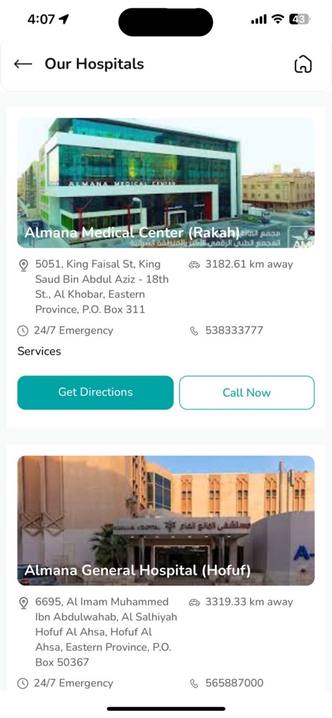 Almana | المانع - Nutzer finden hier eine detaillierte Liste der Krankenhäuser mit Bildern und wichtigen Kontaktdaten, unterstützt durch 'Get Directions'- und 'Call Now'-Buttons für sofortige Hilfe.