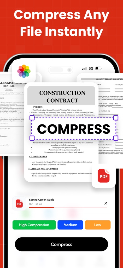PDF Converter - PDF Editor・ - Instantly reduce file sizes with various compression options like 'High Compression' and 'Medium' settings, optimizing documents for sharing and storage.