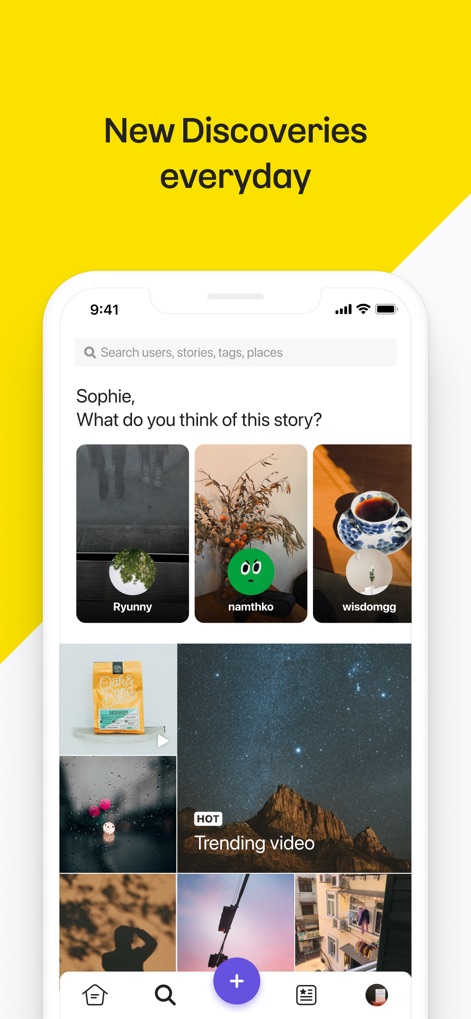 KakaoStory - A seção 'Descobrir' permite aos usuários explorar novos conteúdos através de uma barra de pesquisa intuitiva e uma grade visualmente atraente de histórias e vídeos populares, incentivando a exploração.