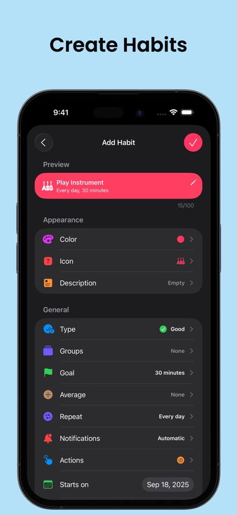 Grit: Daily Habit Tracker - Explore the Add Habit interface, enabling users to fully customize new habits with options for color, icon, and specific group assignments.