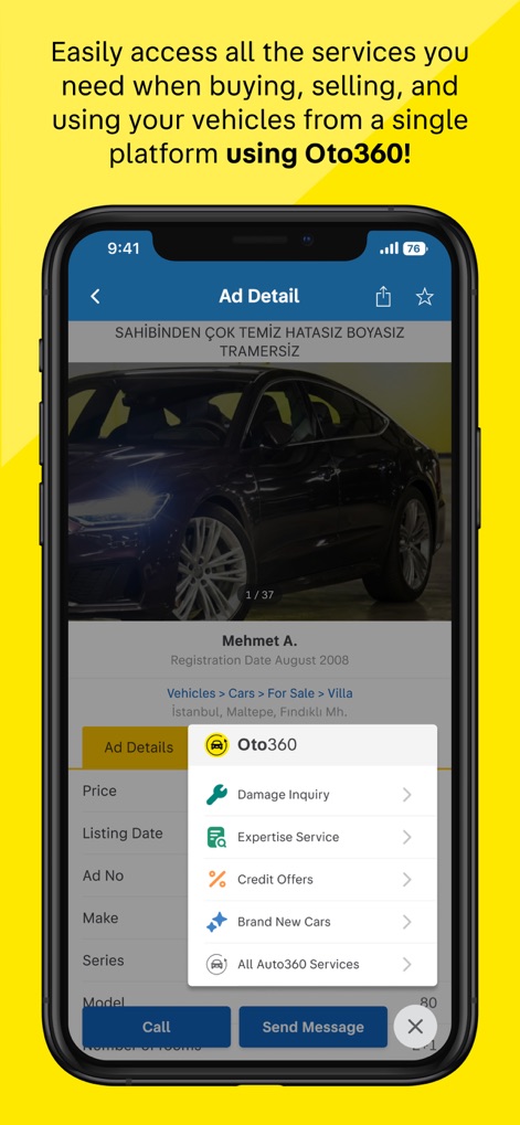 sahibinden #AlSatKiralaKesfet - Nos anúncios de veículos, é possível acessar rapidamente serviços complementares através do pop-up "Oto360", que inclui opções como "Damage Inquiry" e "Expertise Service".