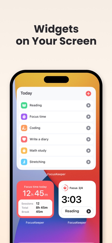 Focus Keeper - Pomodoro Timer - Los usuarios pueden personalizar su experiencia con widgets interactivos que muestran el tiempo de enfoque total y la vista de tareas pendientes directamente desde la pantalla de inicio del dispositivo.