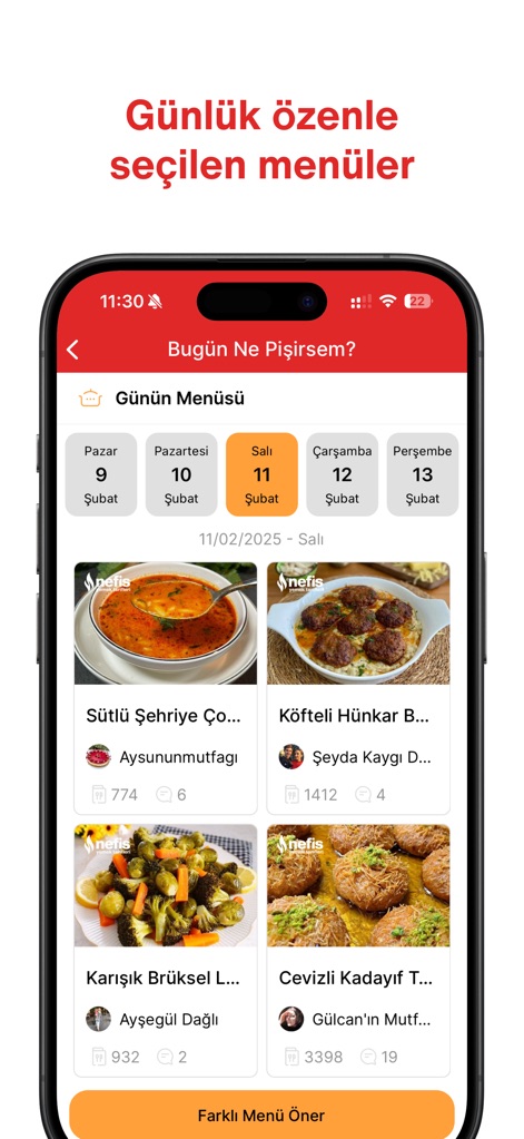 Nefis Yemek Tarifleri - L'outil propose des suggestions de "Menus du jour" variés et organisés par date, simplifiant ainsi la planification des repas pour toute la semaine.