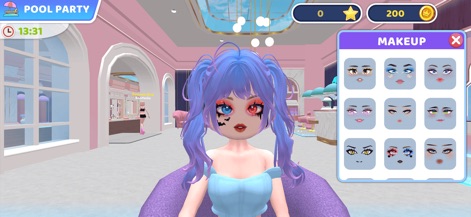 Fashion Impress: Dress Up Game - Users can explore extensive makeup options through a dedicated palette, allowing for customization of intricate facial features and eye designs.