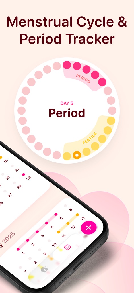 Ovi Cycle & Period Tracker - This tool presents a detailed circular visualization of the menstrual cycle, enabling users to effortlessly track their current period status and upcoming fertile window.