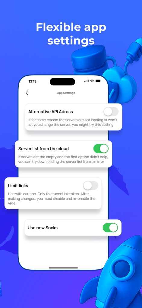 VPN Russia: Just Russian VPN - This tool offers granular control over connection parameters through flexible app settings, including toggles for "Alternative API Adress" and options to "Use new Socks" for optimized connectivity.