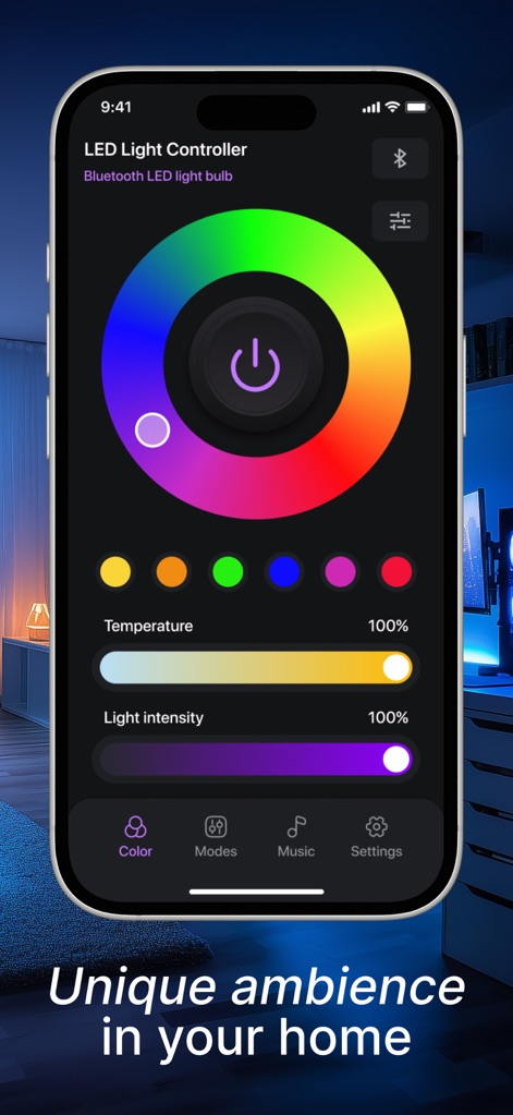 LED light controller LED lamp - La aplicación permite a los usuarios ajustar el color y la temperatura de la luz con precisión, ofreciendo un dial de color intuitivo y barras deslizantes para el brillo.