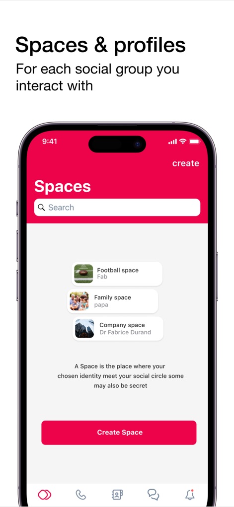 Skred Messenger - The app introduces distinct "Spaces" like "Football space" and "Family space," enabling users to segment their social interactions and manage multiple identities for absolute confidentiality.