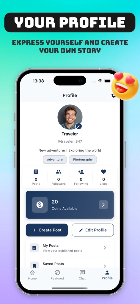 Cove - Share Fun, Video Chat - Users can manage their profile, displaying their profile picture and counts for posts, followers, and likes, alongside prominent 'Create Post' and 'Edit Profile' actions.