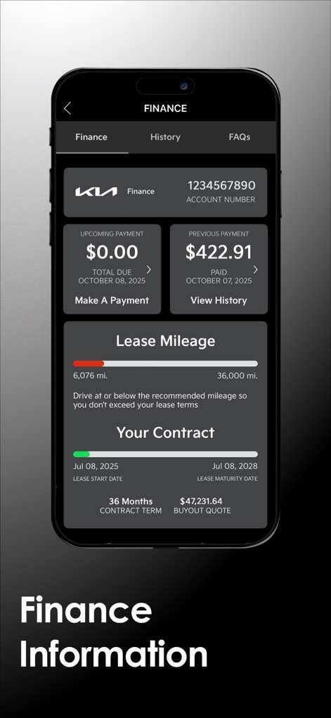 Kia Access - The app centralizes financial details, showcasing the 'Upcoming Payment' status and a precise 'Lease Mileage' tracker for informed decisions.