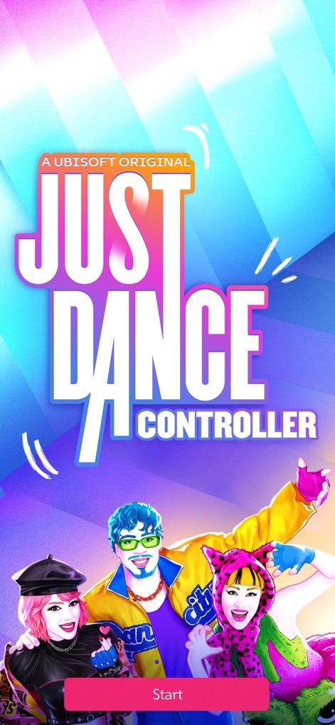 Just Dance Controller - A tela inicial apresenta o logo 'Just Dance Controller' em destaque, prometendo uma experiência 'A Ubisoft Original' e convidando os usuários a começar com o botão 'Start'.