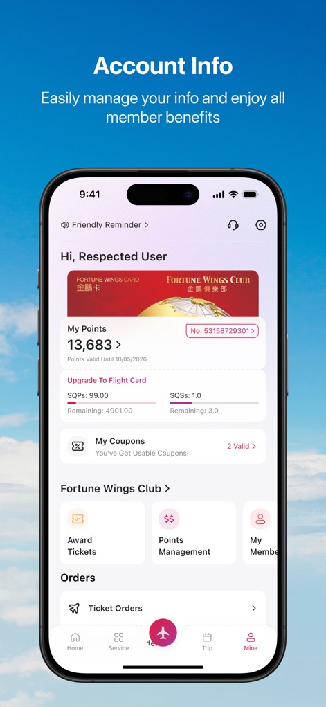 Hong Kong Airlines - The app provides a dedicated hub for loyalty members, showcasing their "My Points" balance and offering convenient access to "My Coupons" and exclusive benefits.