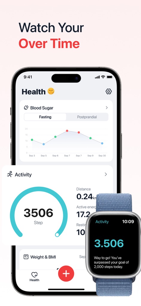 iHeart-Pulse Rate Monitor App. - Users can monitor blood sugar trends through interactive charts and track daily activity steps, even syncing with wearable devices.