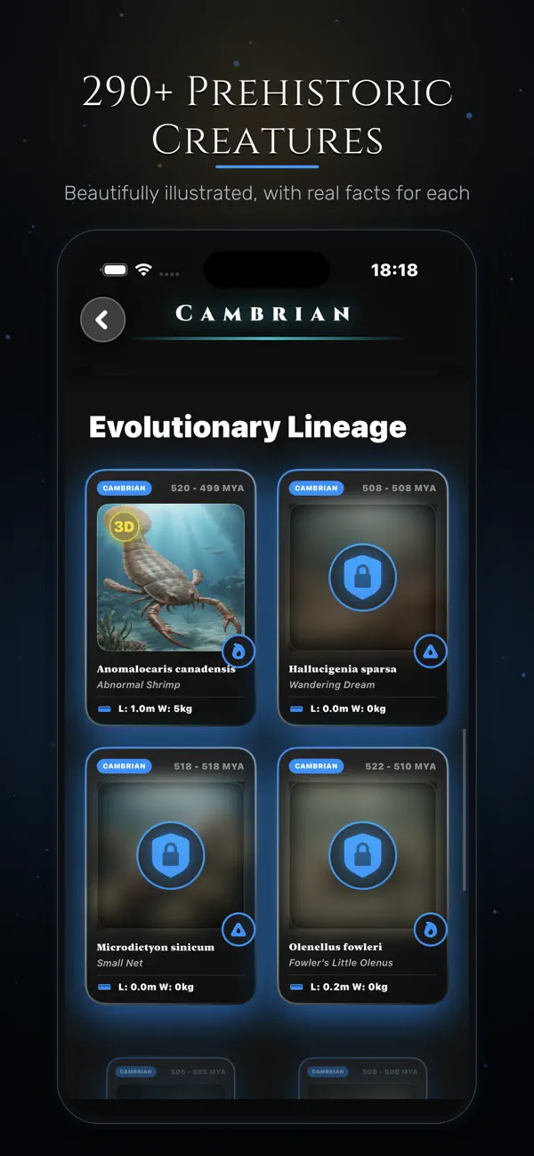 Dinopedia: Prehistoric Trivia iPhone and iPad interface for Twelve geological eras. Nearly 200 creatures, from the official App Store gallery