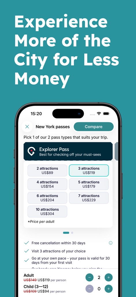 Go City -Travel Plan & Tickets - Users can compare and select different pass types, such as the Explorer Pass, and choose flexible options based on the number of attractions, like 2 attractions or 3 attractions, to suit their budget.