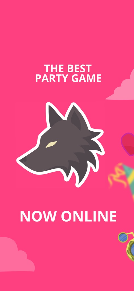Wolvesville - 鮮やかなピンク色の背景に、アプリの象徴である狼のロゴが力強く描かれ、「THE BEST PARTY GAME NOW ONLINE」というキャッチーなフレーズでゲームの魅力を伝えています。